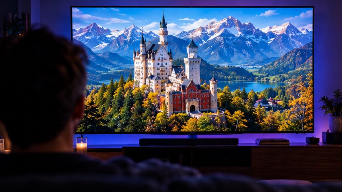 Gestochen scharfes 4K-Bild von Schloss Neuschwanstein auf einem großen Fernseher – echtes 4K IPTV