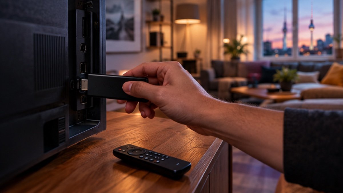 Hand steckt einen Streaming-Stick in den Fernseher – beste IPTV App für Fire TV Stick