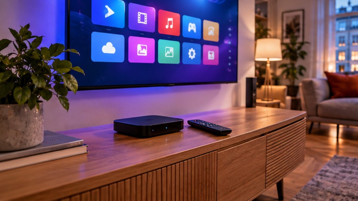Android-TV-Box mit Fernbedienung vor einem Fernseher mit App-Symbolen – beste IPTV Apps für Android TV