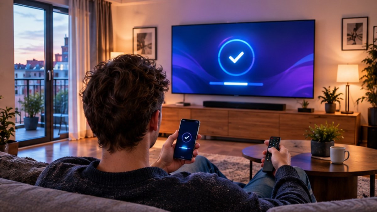 Mann mit Smartphone und Fernbedienung vor einem Fernseher mit Bestätigungs-Häkchen – IBO Player aktivieren