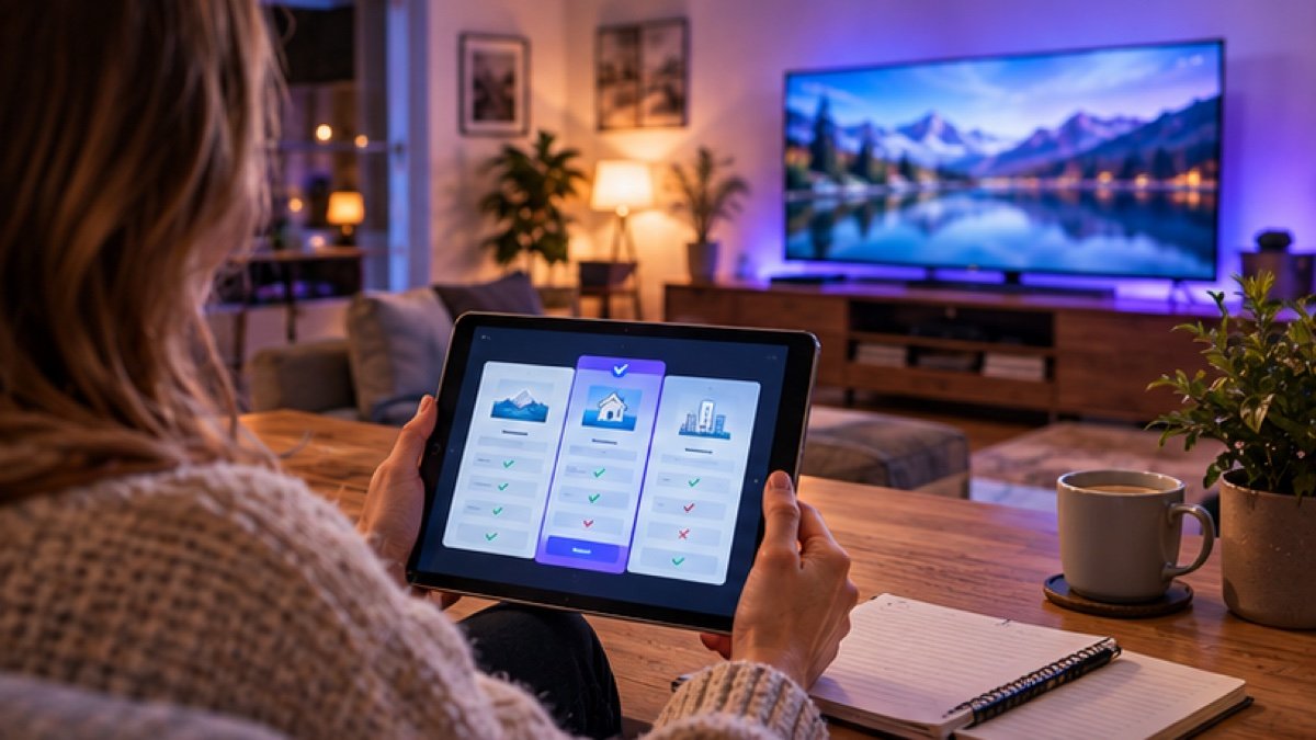 Frau vergleicht Angebote auf einem Tablet vor dem Fernseher – IPTV Anbieter Vergleich