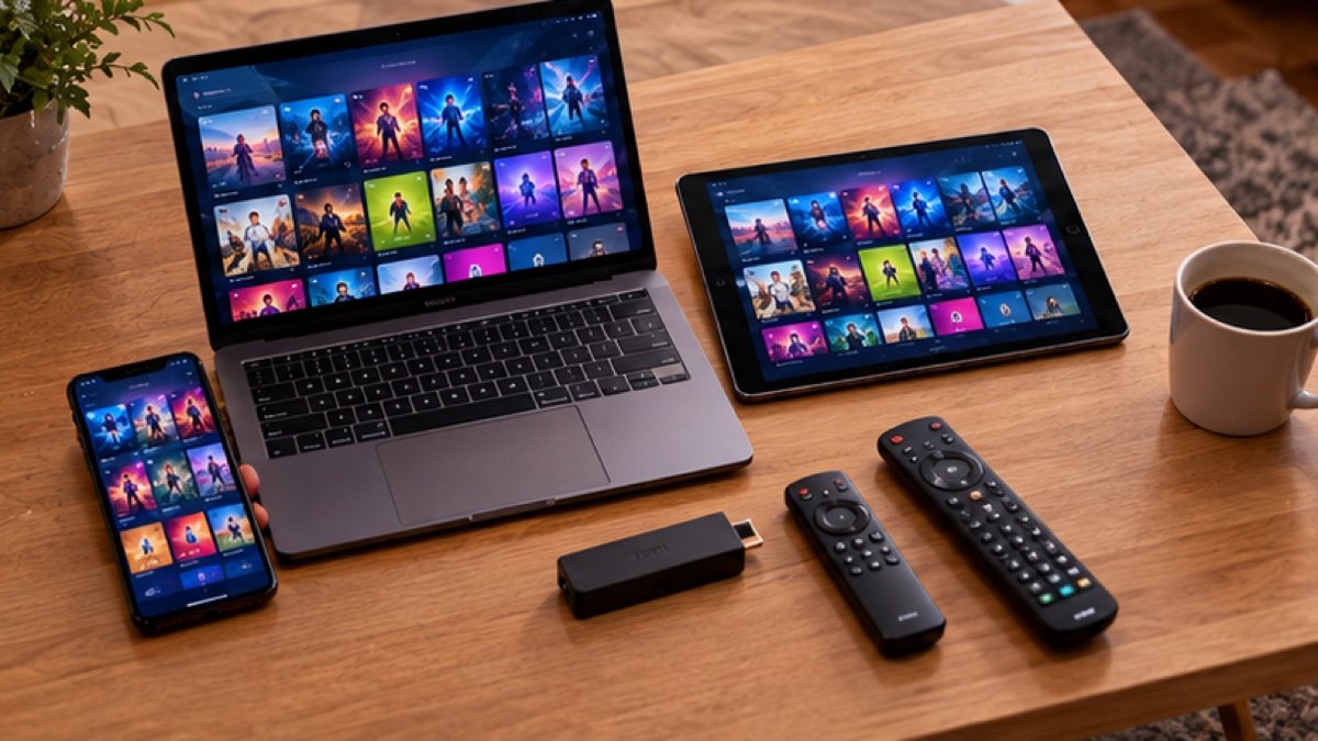 Laptop, Tablet, Smartphone, Streaming-Stick und Fernbedienungen auf einem Holztisch – IPTV Geräte