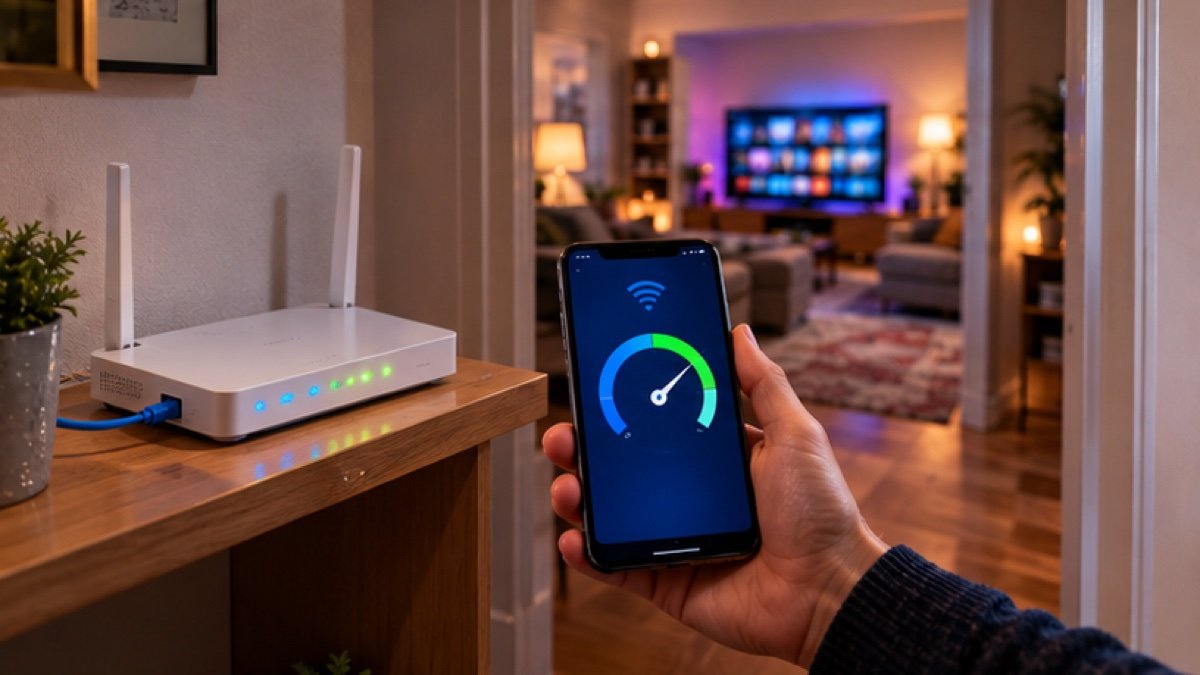 WLAN-Router mit LAN-Kabel und Smartphone mit Geschwindigkeitsanzeige – Internetgeschwindigkeit für IPTV
