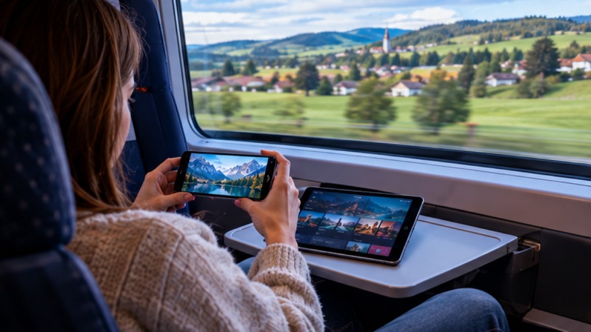 Frau im Zug schaut auf Smartphone und Tablet fern, draußen deutsche Landschaft – IPTV auf iPhone und iPad