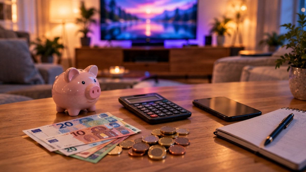 Sparschwein, Euro-Scheine, Münzen und Taschenrechner auf dem Tisch – IPTV Kosten in Deutschland