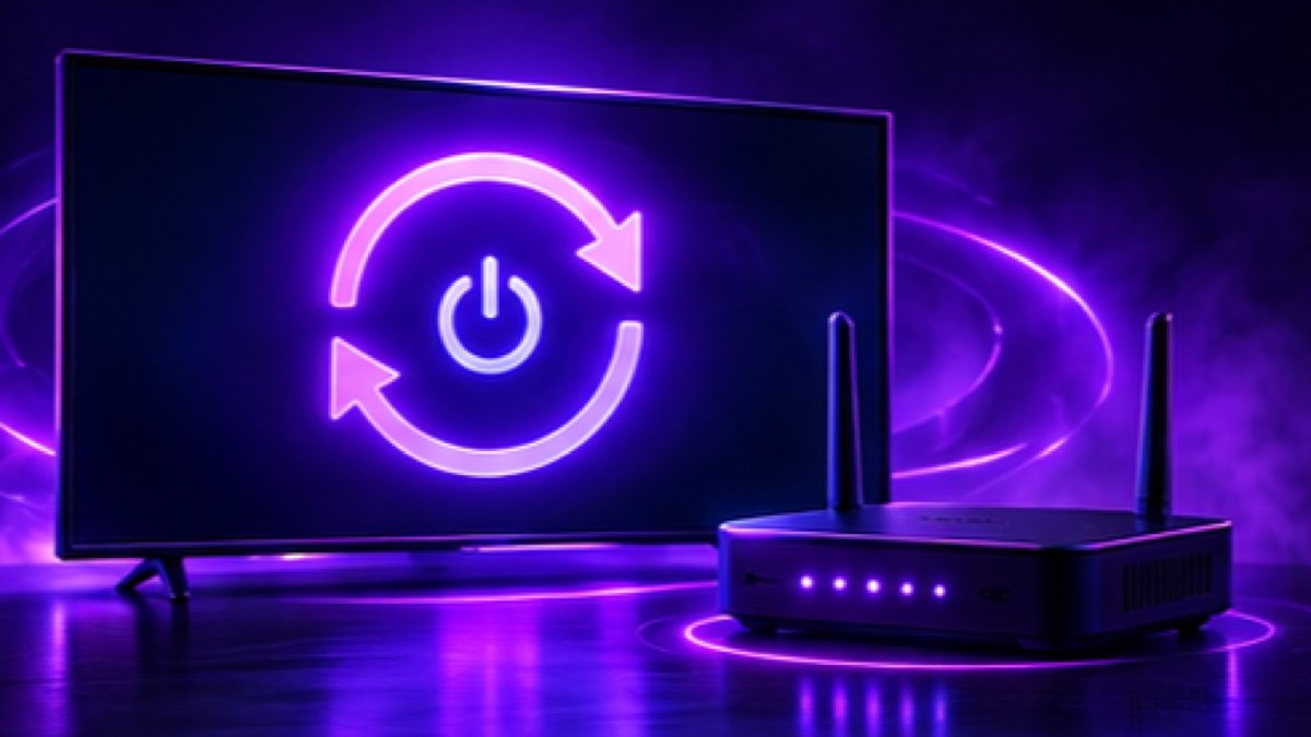 Fernseher und Router mit Neustart-Symbol – IPTV Gerät neu starten