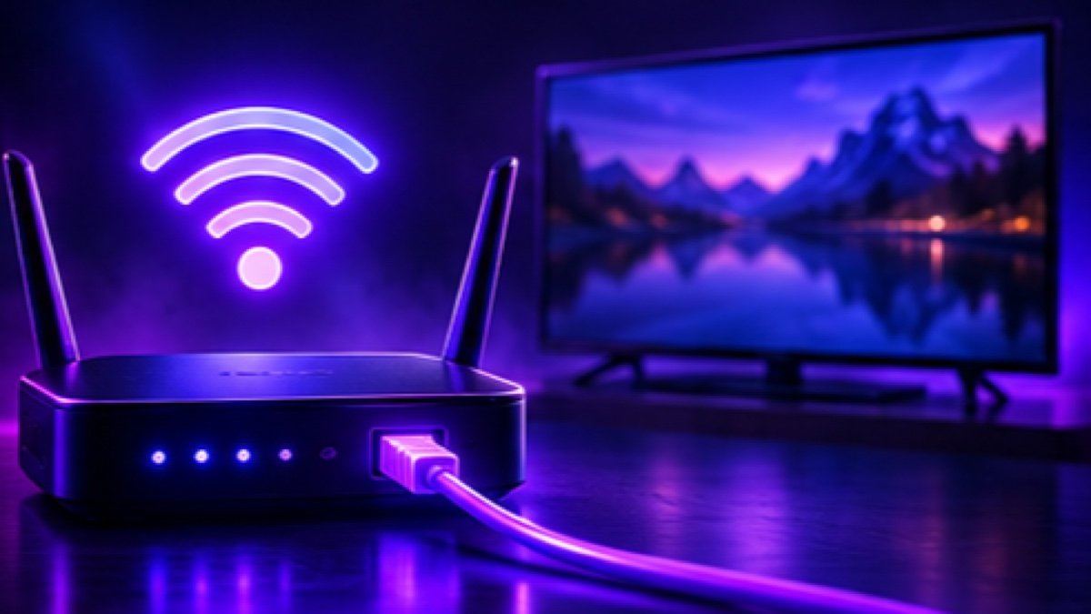 Router mit WLAN-Symbol und LAN-Kabel vor dem Fernseher – stabile IPTV-Verbindung