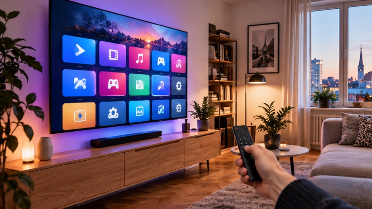 Smart-TV an der Wand mit App-Übersicht und Fernbedienung – IPTV auf Samsung Smart TV einrichten