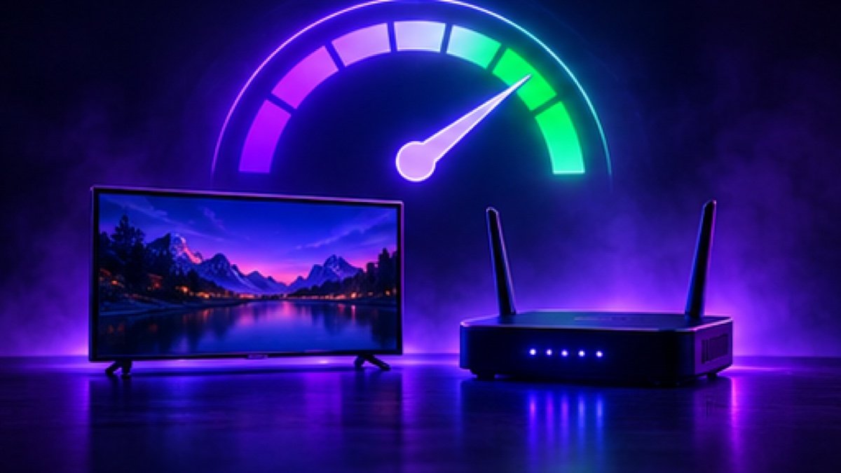 Tacho für die Internetgeschwindigkeit mit Fernseher und Router – IPTV Speedtest