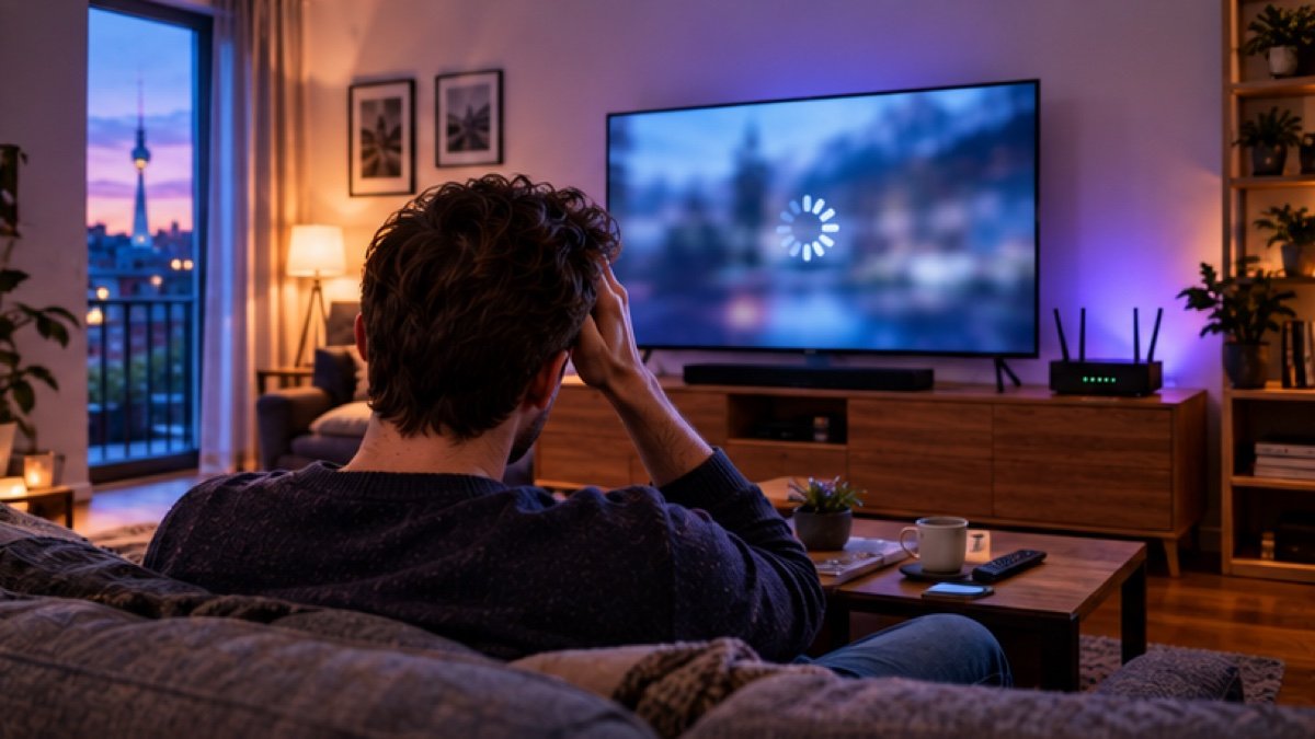 Genervter Mann vor einem Fernseher mit Lade-Symbol und WLAN-Router – IPTV Buffering beheben